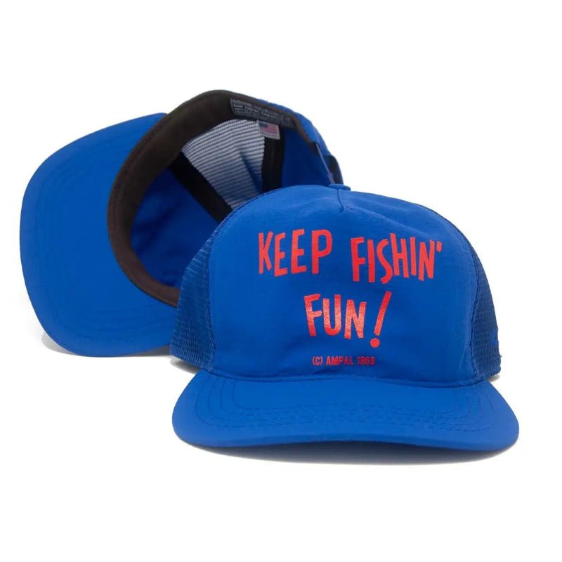 Blue cap with 'KEEP FISHIN' FUN!' text on a white background