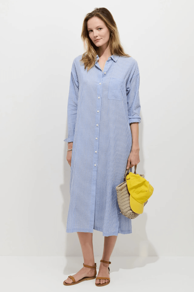 seersucker shirt dress Stripe Button while the contrast of plaid directions at the waist and hem adds visual interest and dimension Loft Striped Seersucker Wrap Mini