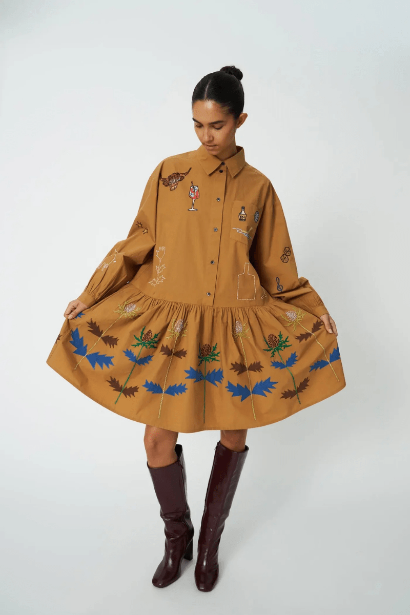 Dresses - Stella Nova - Khaki Embroidery Dress - Archery Close