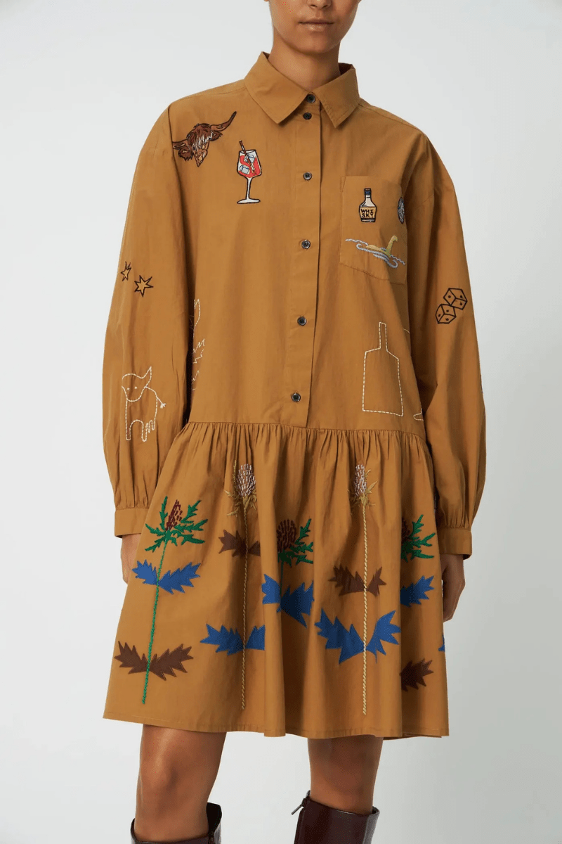 Dresses - Stella Nova - Khaki Embroidery Dress - Archery Close