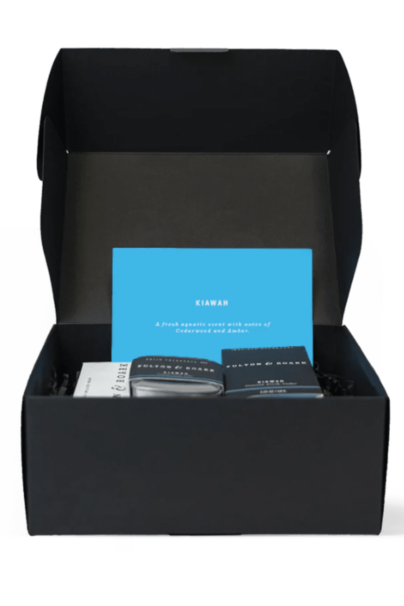 Black box with a blue card and other items on a white background