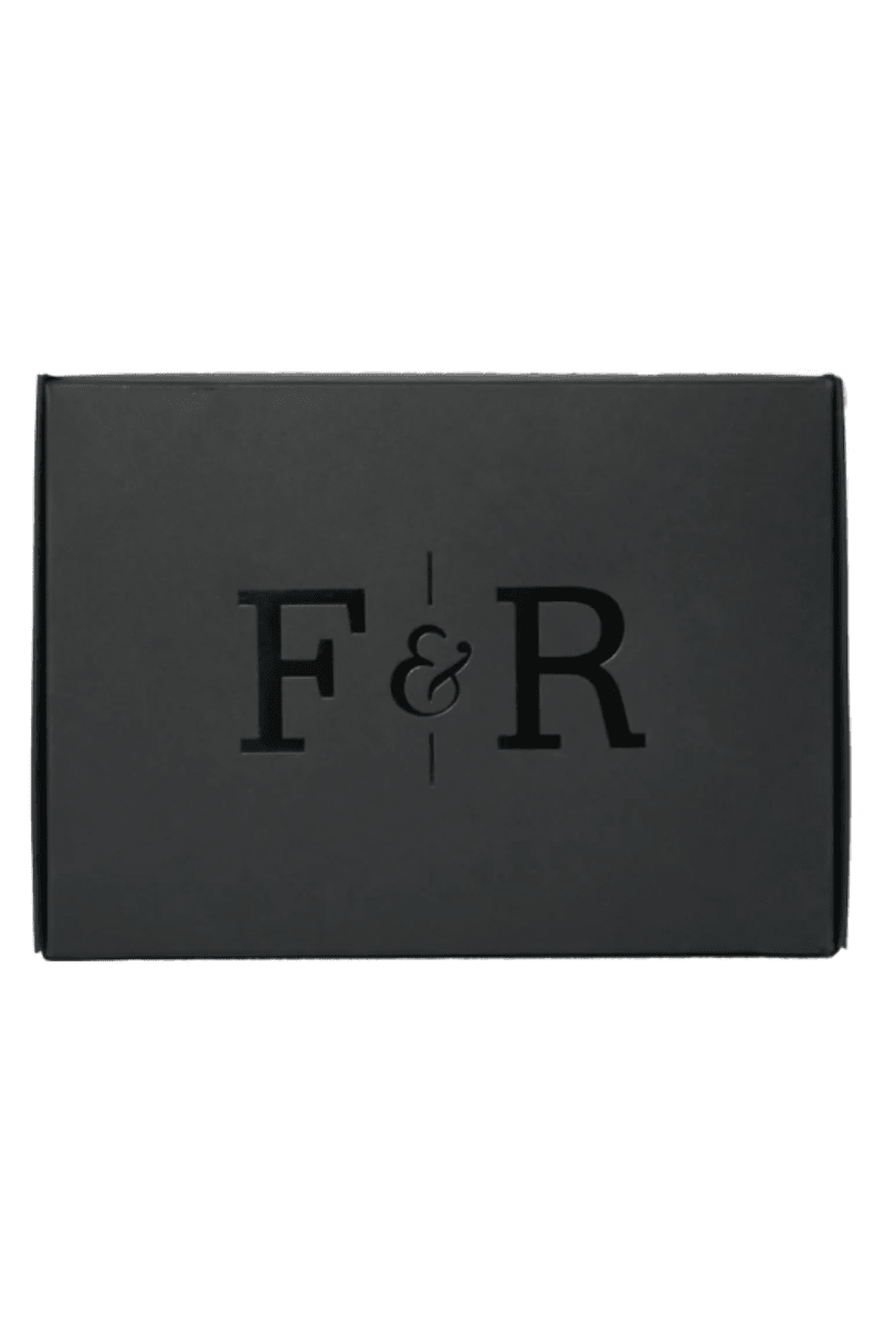 Black rectangular box with 'F&R' initials on a white background