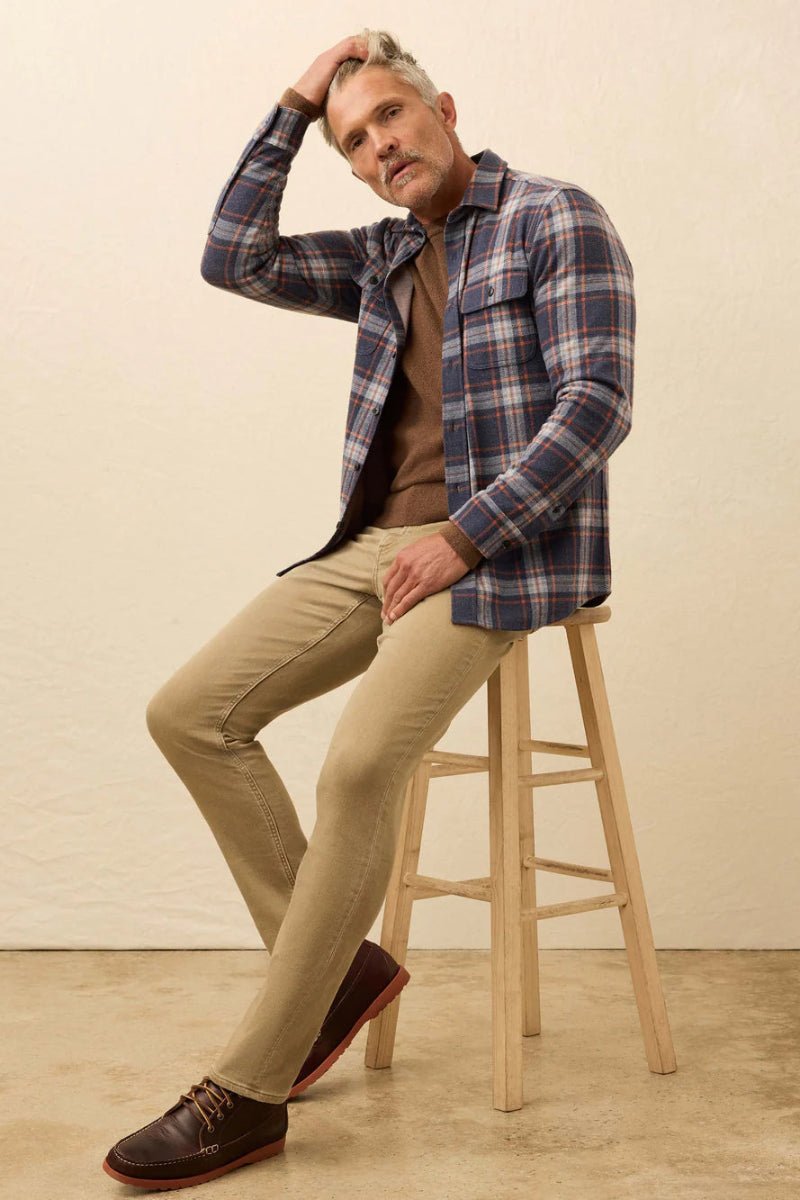Man sitting on a stool wearing a plaid shirt, brown sweater, beige pants, and brown shoes against a beige background.