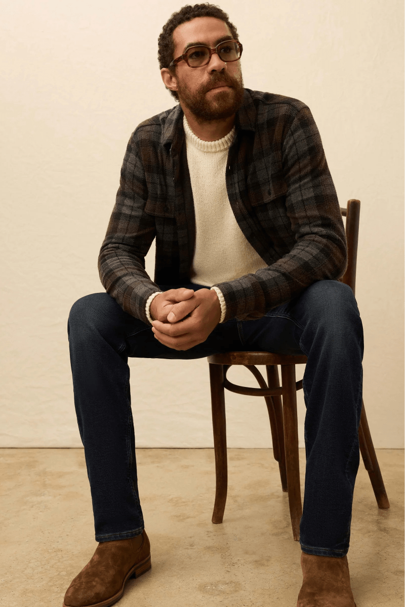 Man sitting on a wooden chair wearing a plaid shirt, white sweater, jeans, and brown shoes.