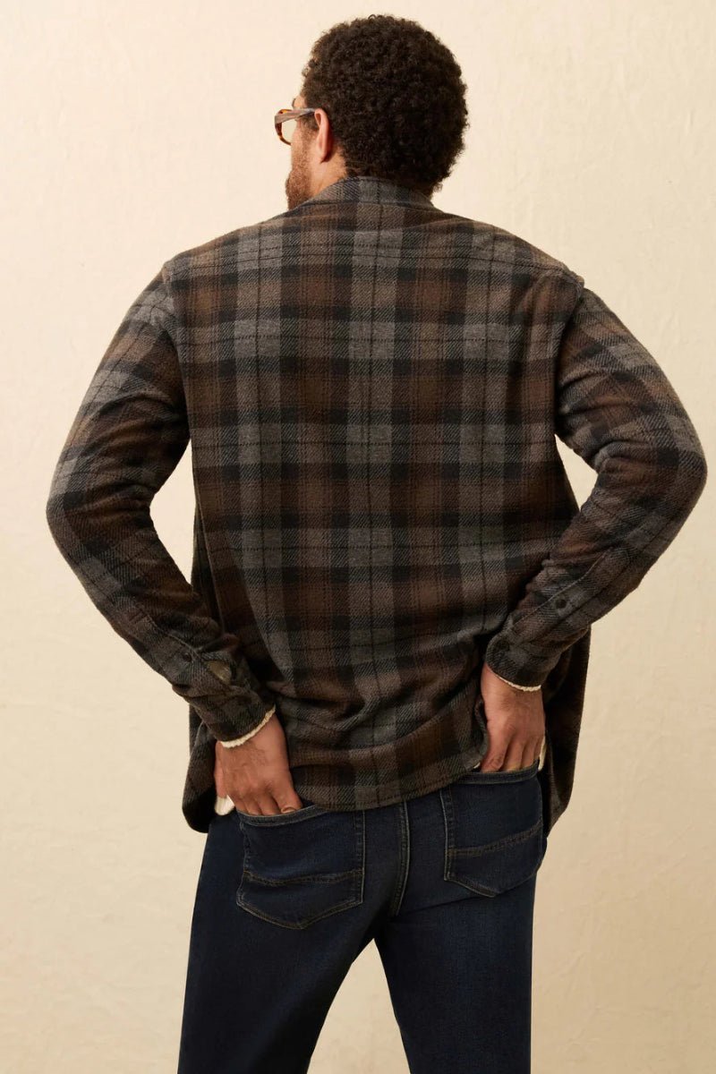 Man wearing a plaid shirt and jeans against a beige background