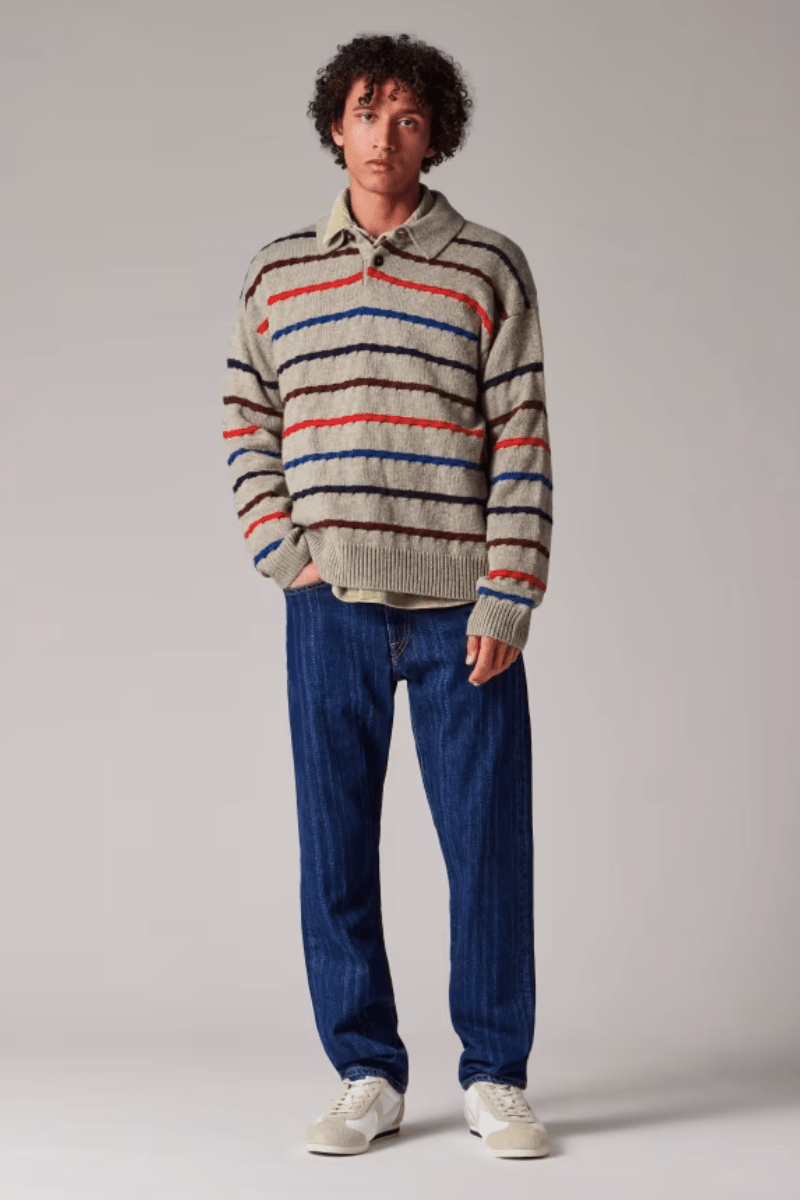 Sweater - Paul Smith - Light Tan Striped Knitted Polo Shirt - Archery Close