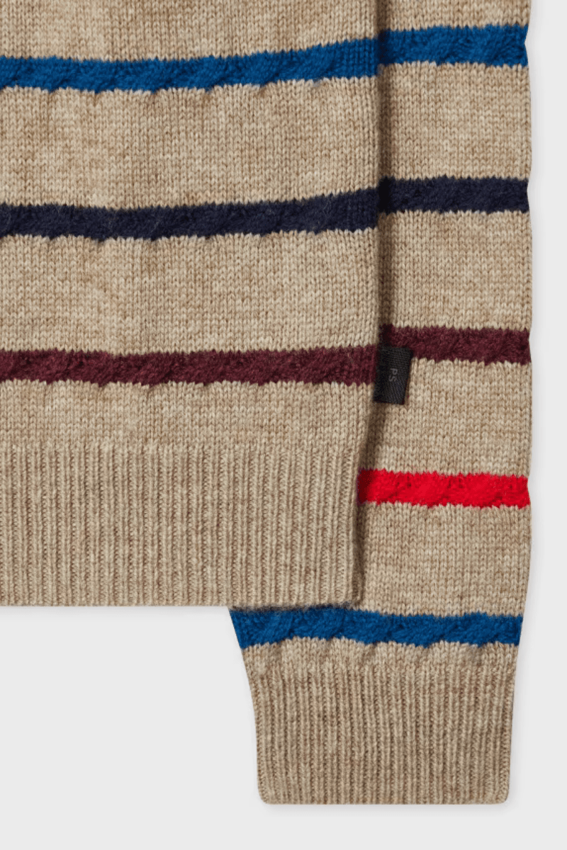 Sweater - Paul Smith - Light Tan Striped Knitted Polo Shirt - Archery Close