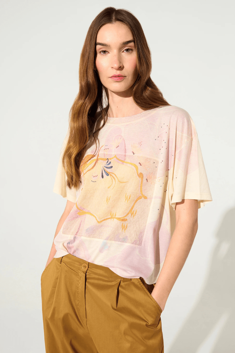 Shirts & Tops - Cotelac - Loose - Fitting Pleated Printed T-Shirt - Archery Close