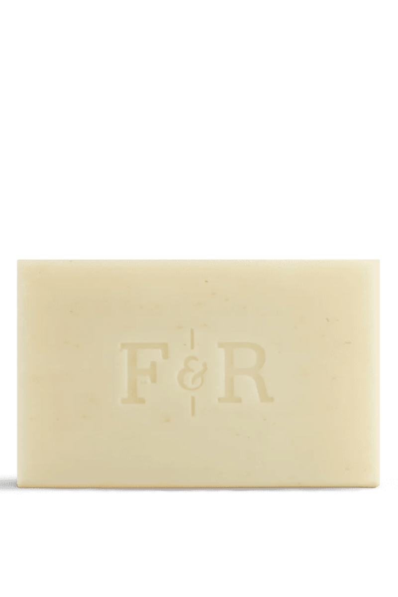 Bar of soap with 'F&R' branding on a white background