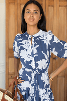 Dresses - Emerson Fry - Lucy 4 Basque Dress - Blue Indigo + Ivory Orchid Organic - Archery Close