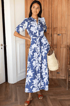 Dresses - Emerson Fry - Lucy 4 Basque Dress - Blue Indigo + Ivory Orchid Organic - Archery Close