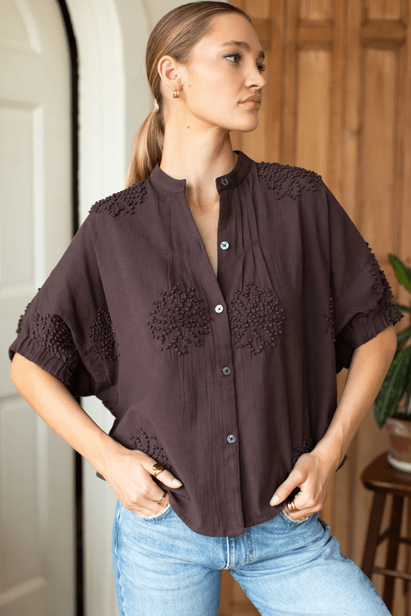 Shirts & Tops - Emerson Fry - Mandarin Collar Top - French Knot Floral Vintage Chestnut - Archery Close