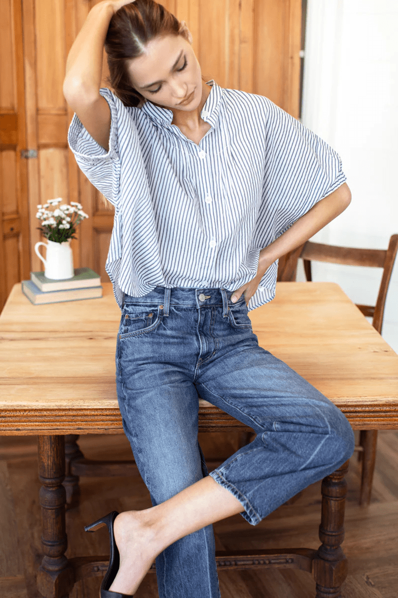 Shirts & Tops - Emerson Fry - Mandarin Collar Top in Indigo Stripe Organic - Archery Close