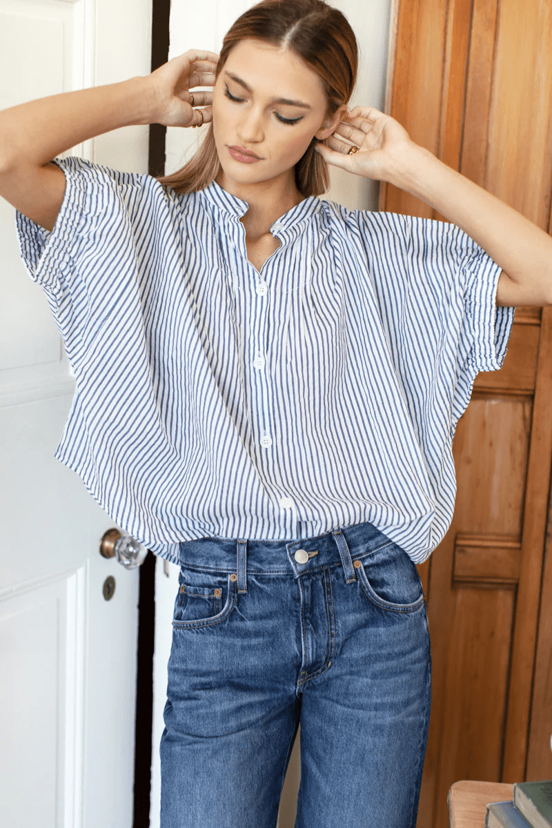 Shirts & Tops - Emerson Fry - Mandarin Collar Top in Indigo Stripe Organic - Archery Close