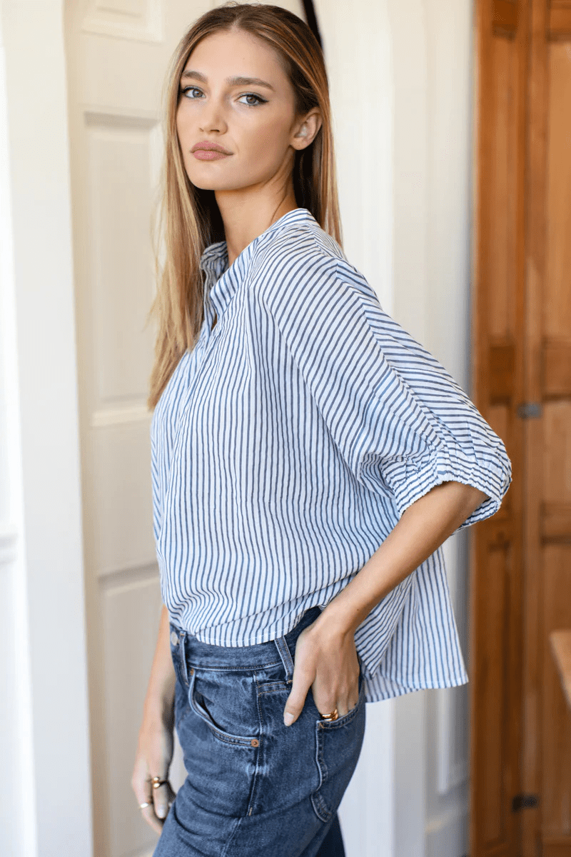 Shirts & Tops - Emerson Fry - Mandarin Collar Top in Indigo Stripe Organic - Archery Close