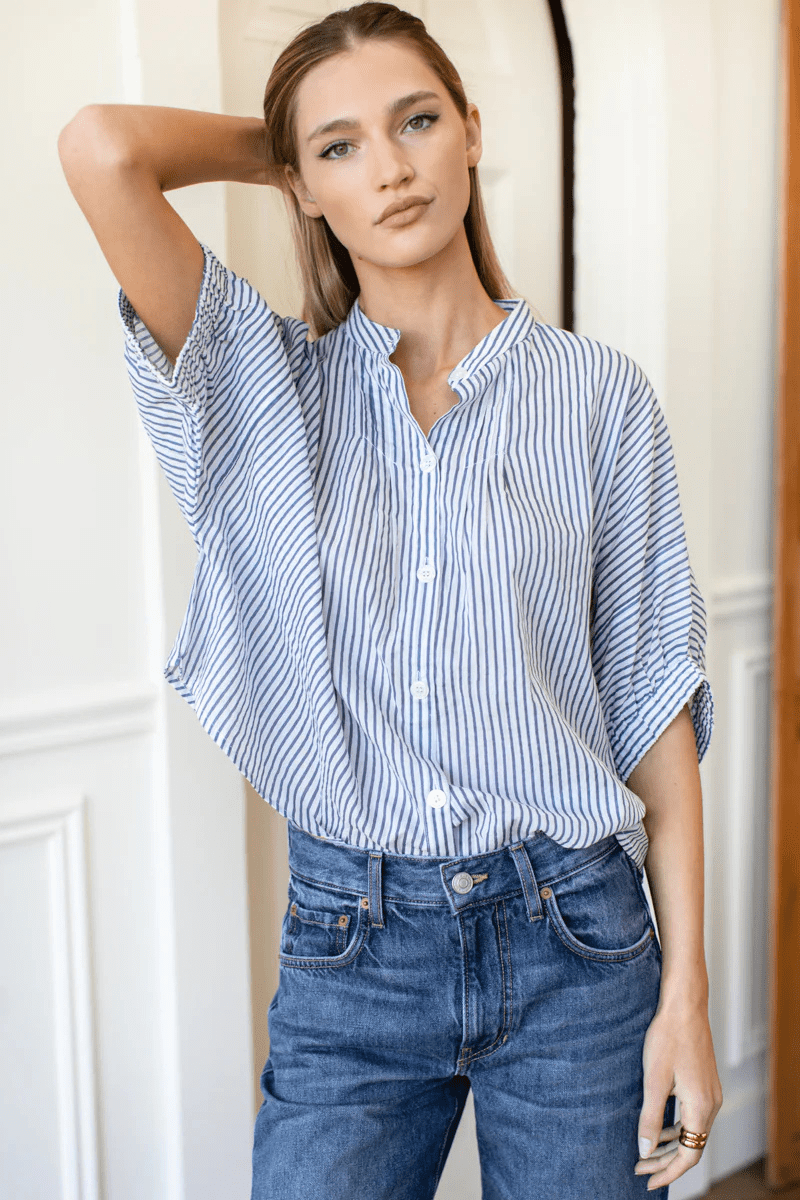 Shirts & Tops - Emerson Fry - Mandarin Collar Top in Indigo Stripe Organic - Archery Close