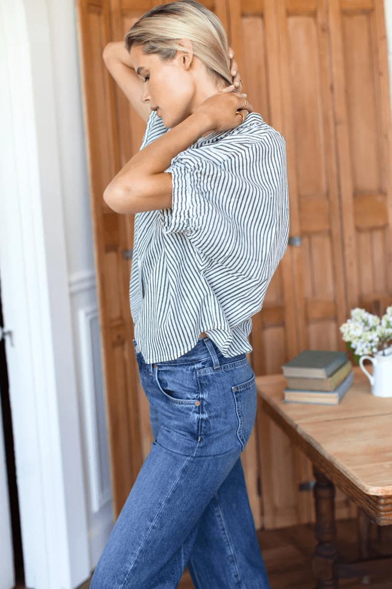 Shirts & Tops - Emerson Fry - Mandarin Collar Top in Moss Stripe Organic - Archery Close