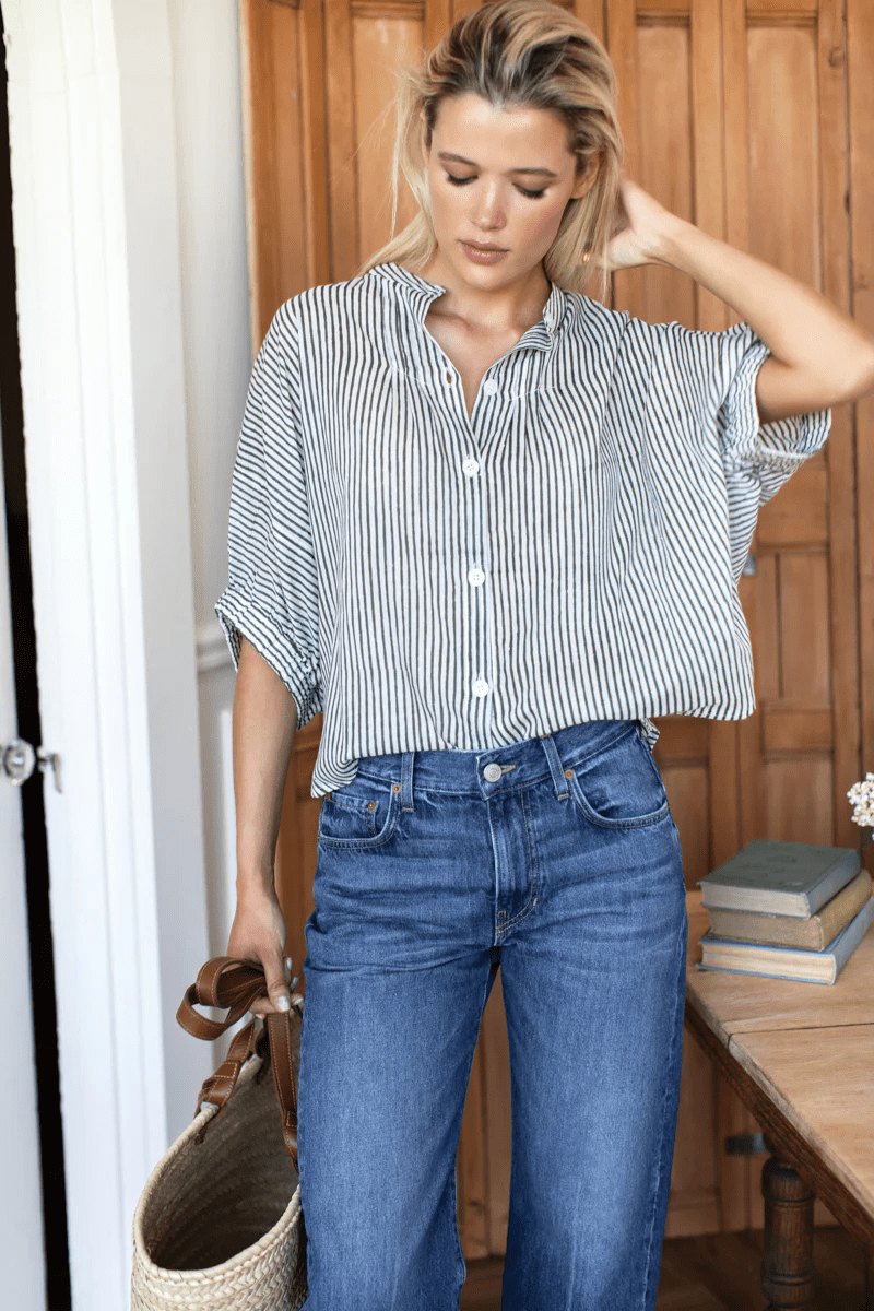 Shirts & Tops - Emerson Fry - Mandarin Collar Top in Moss Stripe Organic - Archery Close