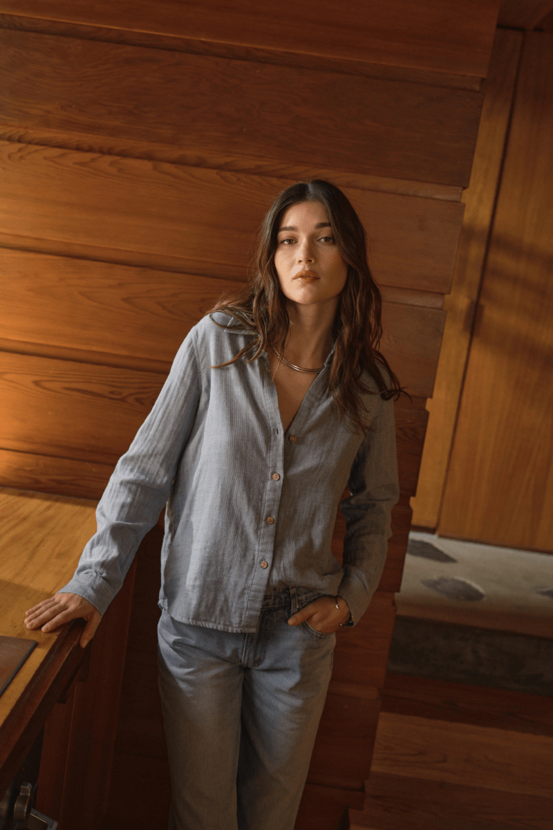 Shirts & Tops - Road to Nowhere Clothing - Mila Shirt in Denim Stripe - Archery Close