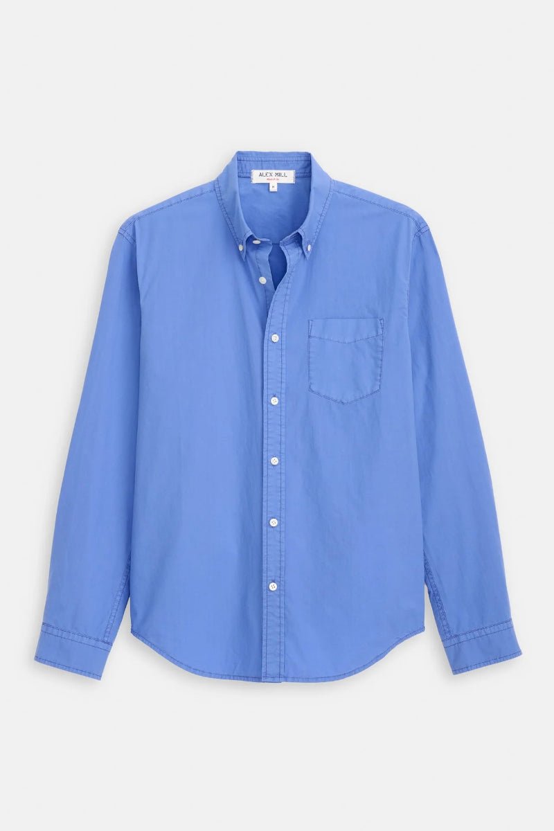 Blue button-up shirt on a light gray background
