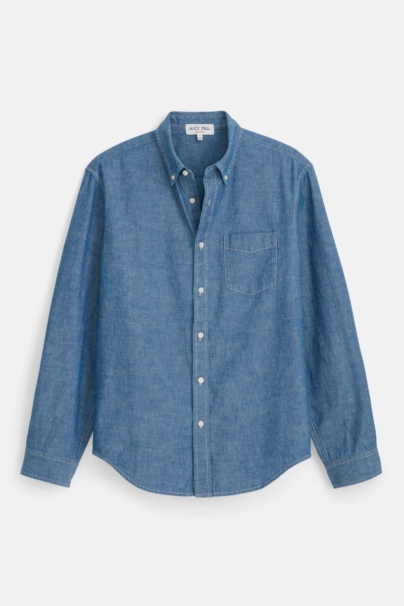 Blue denim shirt on a light gray background