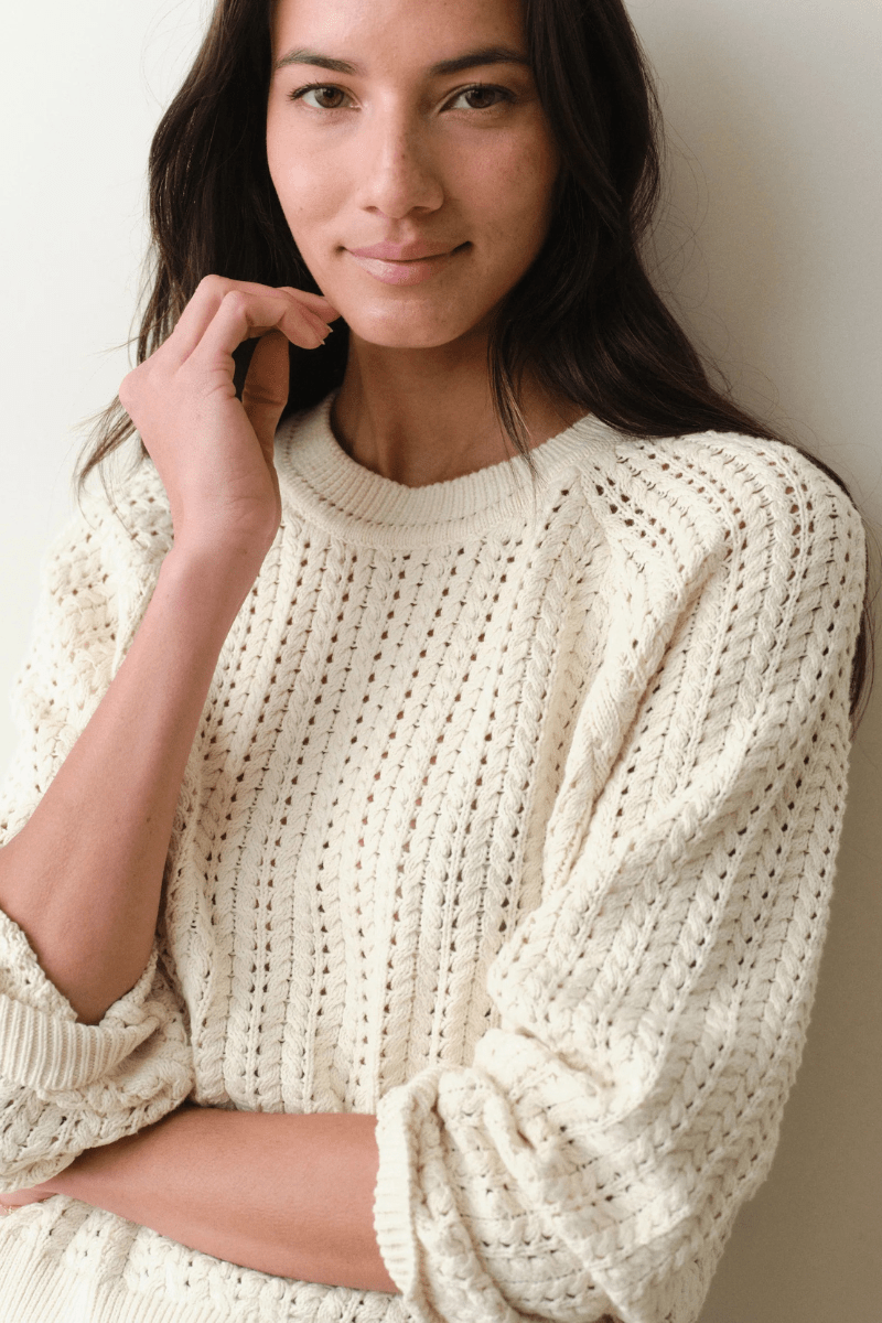 Sweater - Marine Layer - Mina Pointelle Sweater in Cream - Archery Close