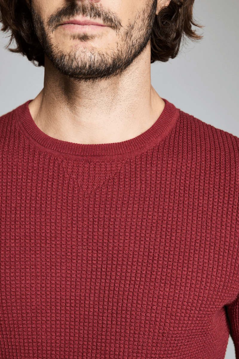 Sweater - Billy Reid - Mini Waffle Crew in Syrah - Archery Close