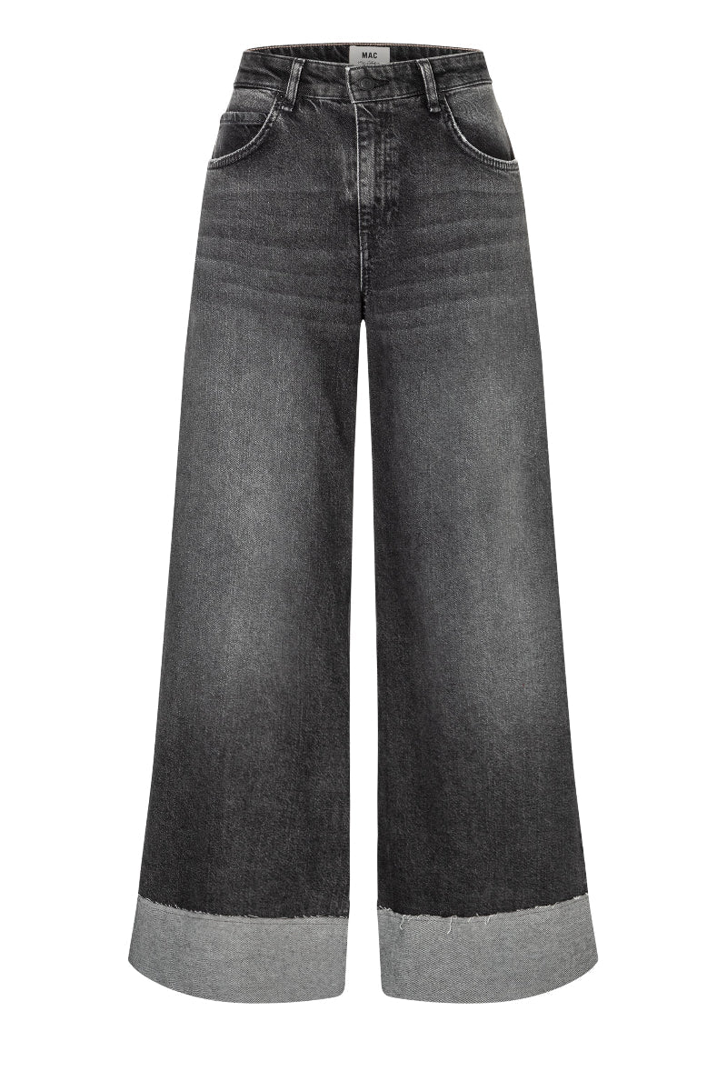 Wide-leg jeans with a grayish-black color on a white background
