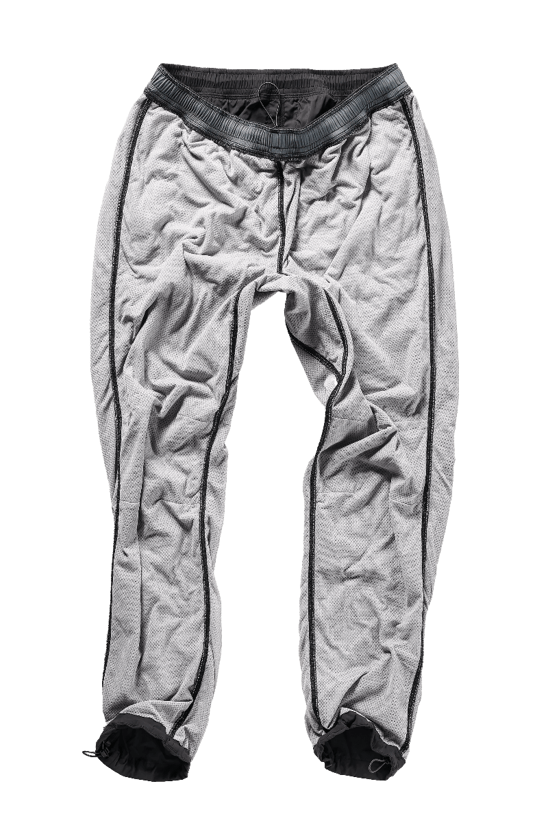Gray pants with black trim on a white background