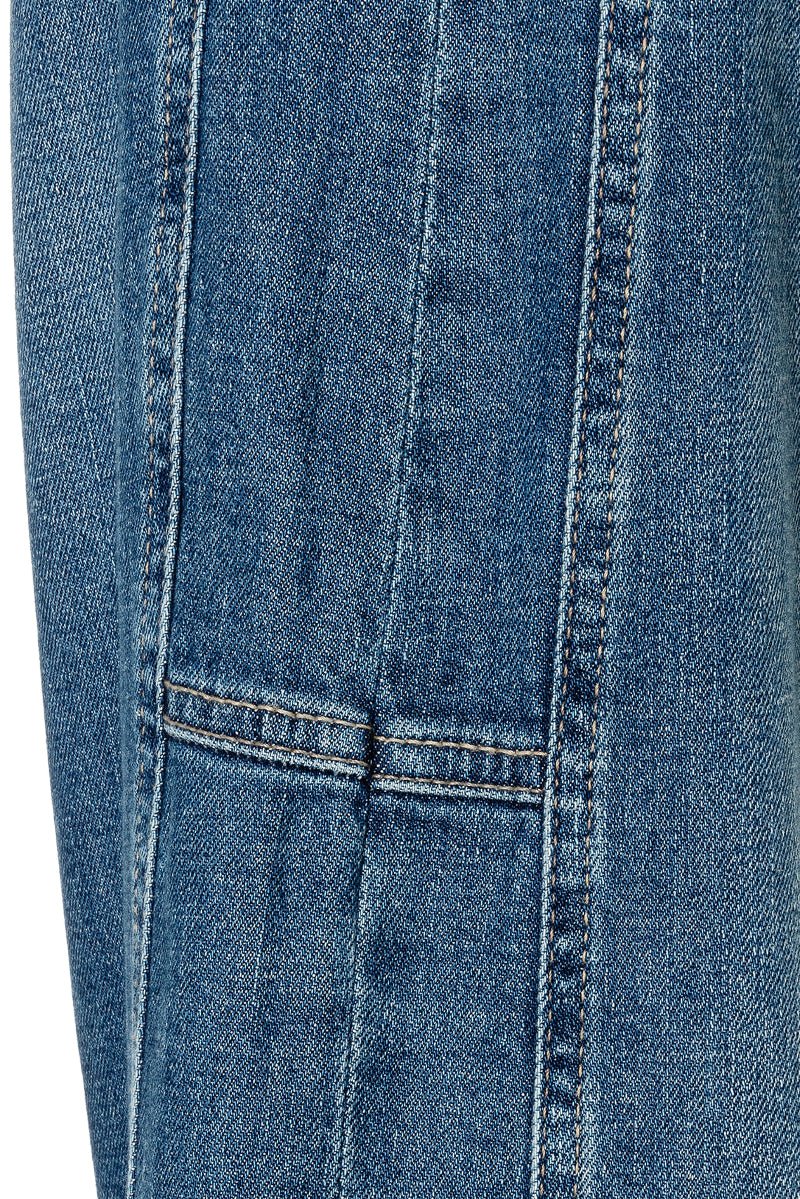 Close-up of blue denim fabric with stitching details