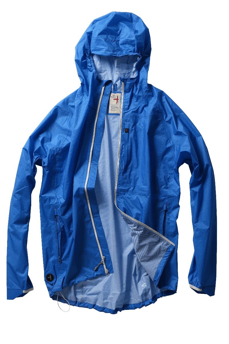 Blue raincoat with a brand logo on a white background