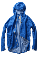 Blue raincoat with a brand logo on a white background