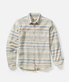Striped shirt with blue and beige pattern on a white background