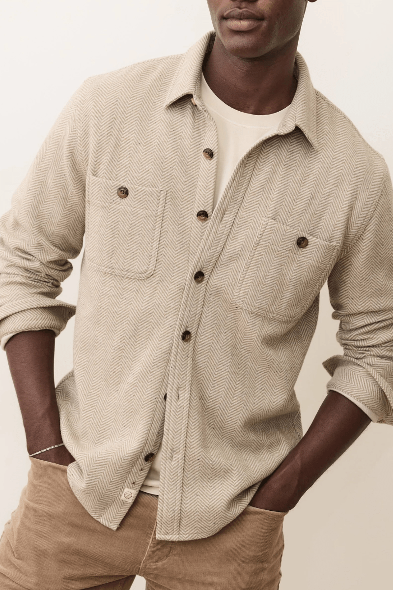 Shirts & Tops - Marine Layer - Pacifica Stretch Twill Overshirt in Taupe Herringbone - Archery Close
