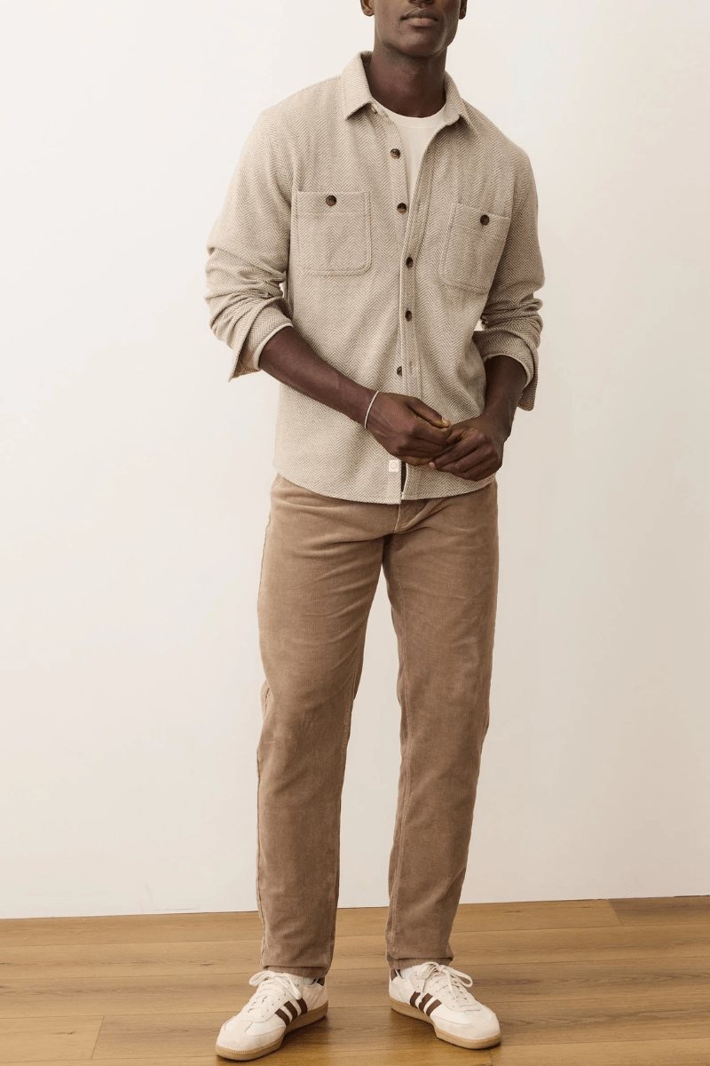 Shirts & Tops - Marine Layer - Pacifica Stretch Twill Overshirt in Taupe Herringbone - Archery Close
