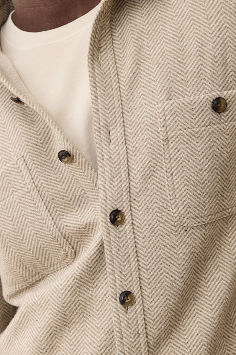Shirts & Tops - Marine Layer - Pacifica Stretch Twill Overshirt in Taupe Herringbone - Archery Close
