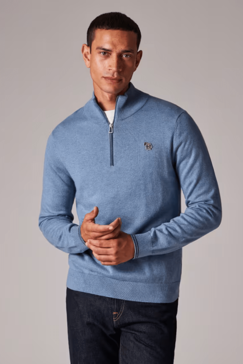 Sweater - Paul Smith - Pale Blue Cotton - Blend Zebra Logo Half Zip Sweater - Archery Close