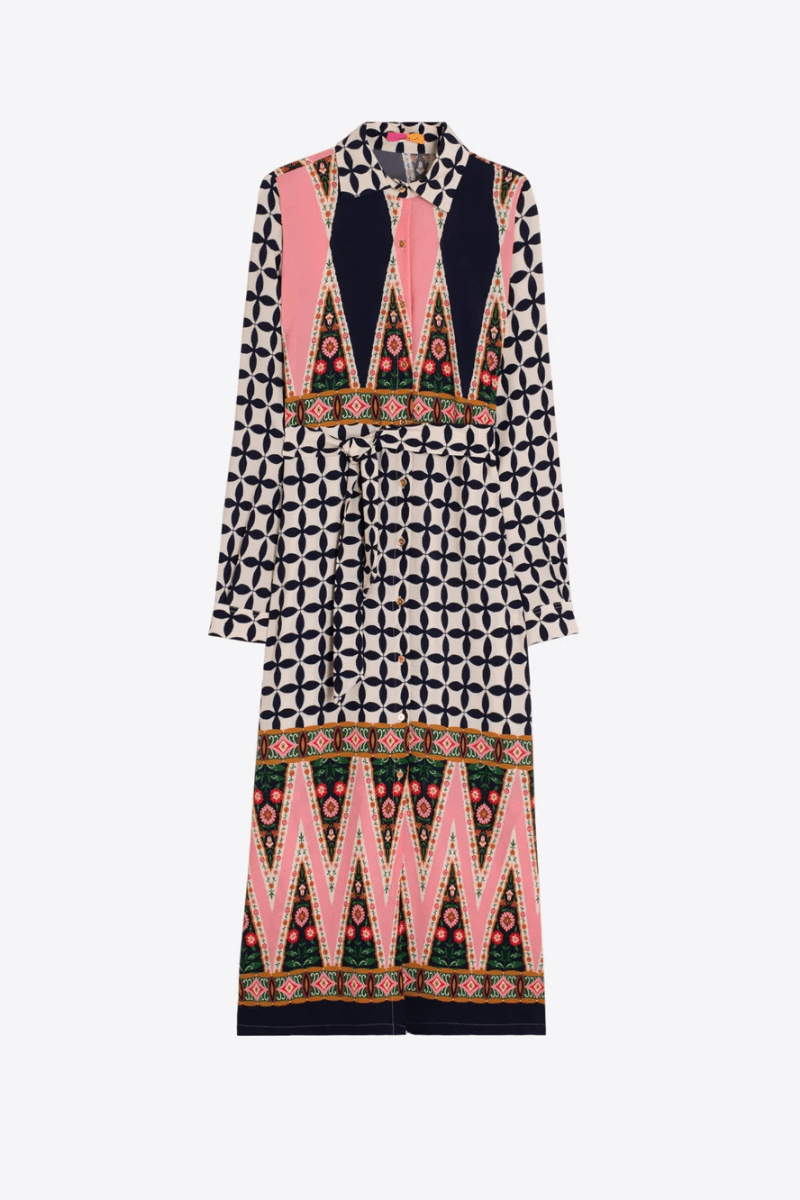 Dresses - Vilagallo - Pink & Black Geo Midi Dress - Archery Close