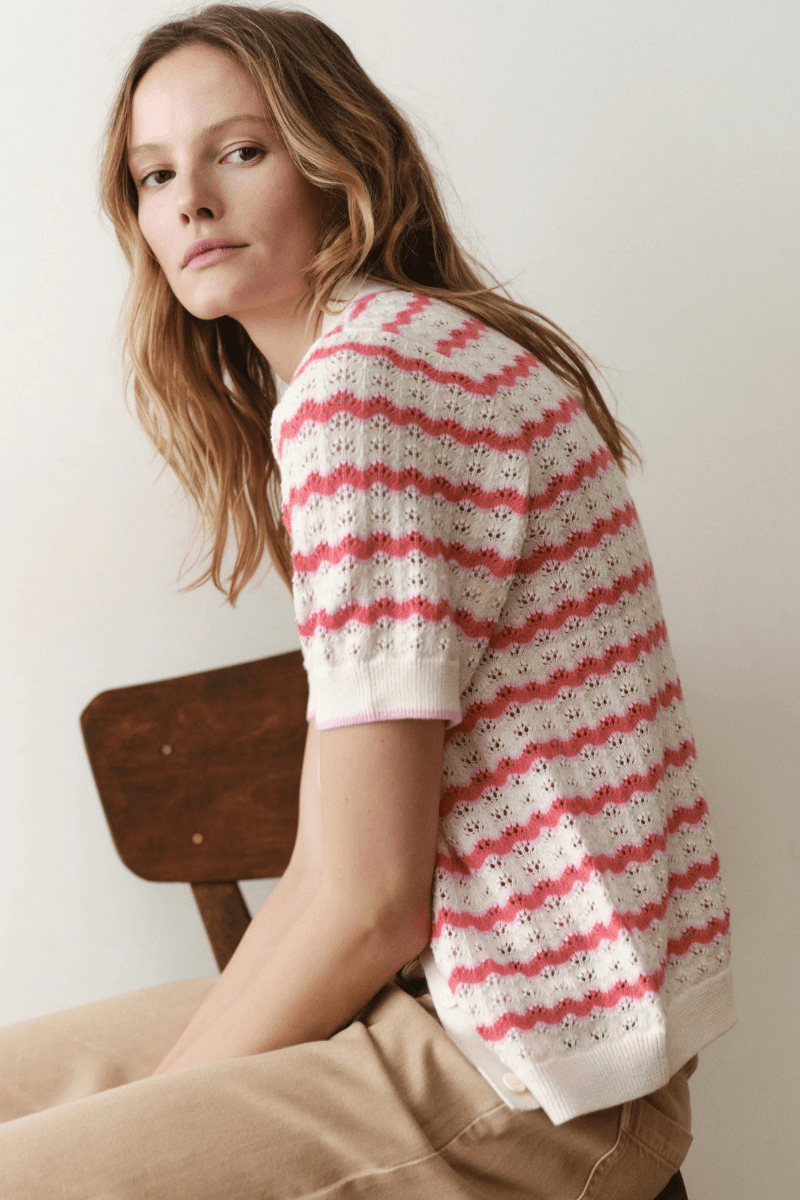 Sweater - Marine Layer - Piper Knit Resort Shirt in Warm Wave - Archery Close