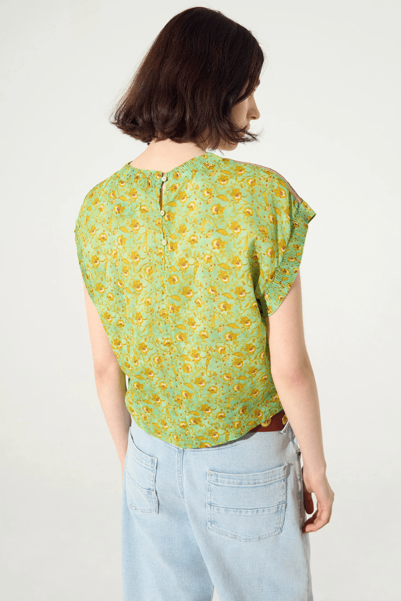 Shirts & Tops - Cotelac - Pleated Print Blouse in Green - Archery Close