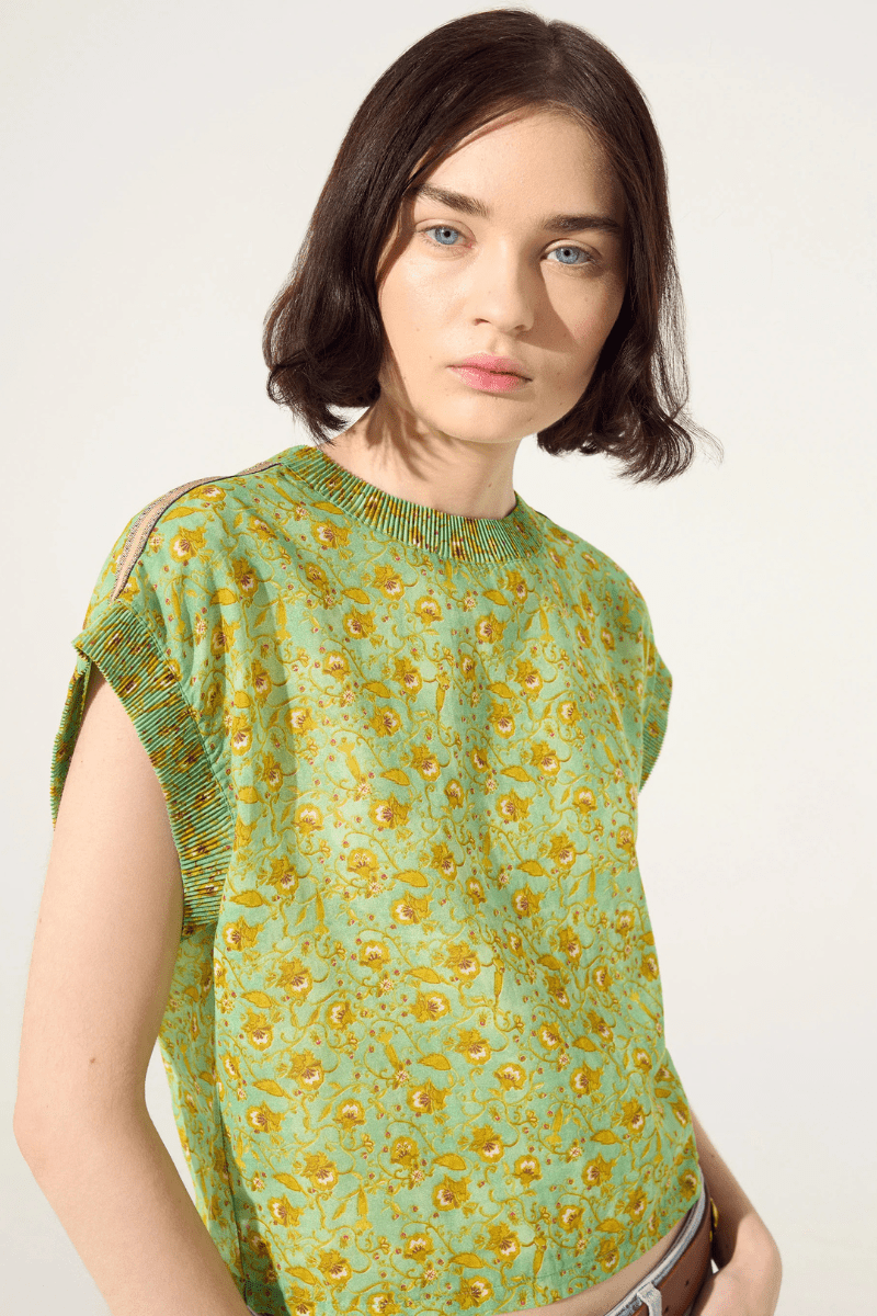 Shirts & Tops - Cotelac - Pleated Print Blouse in Green - Archery Close