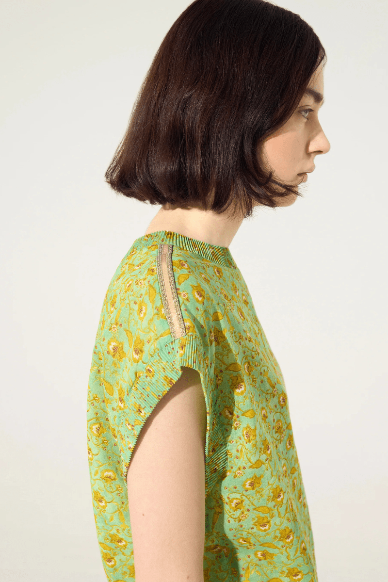 Shirts & Tops - Cotelac - Pleated Print Blouse in Green - Archery Close