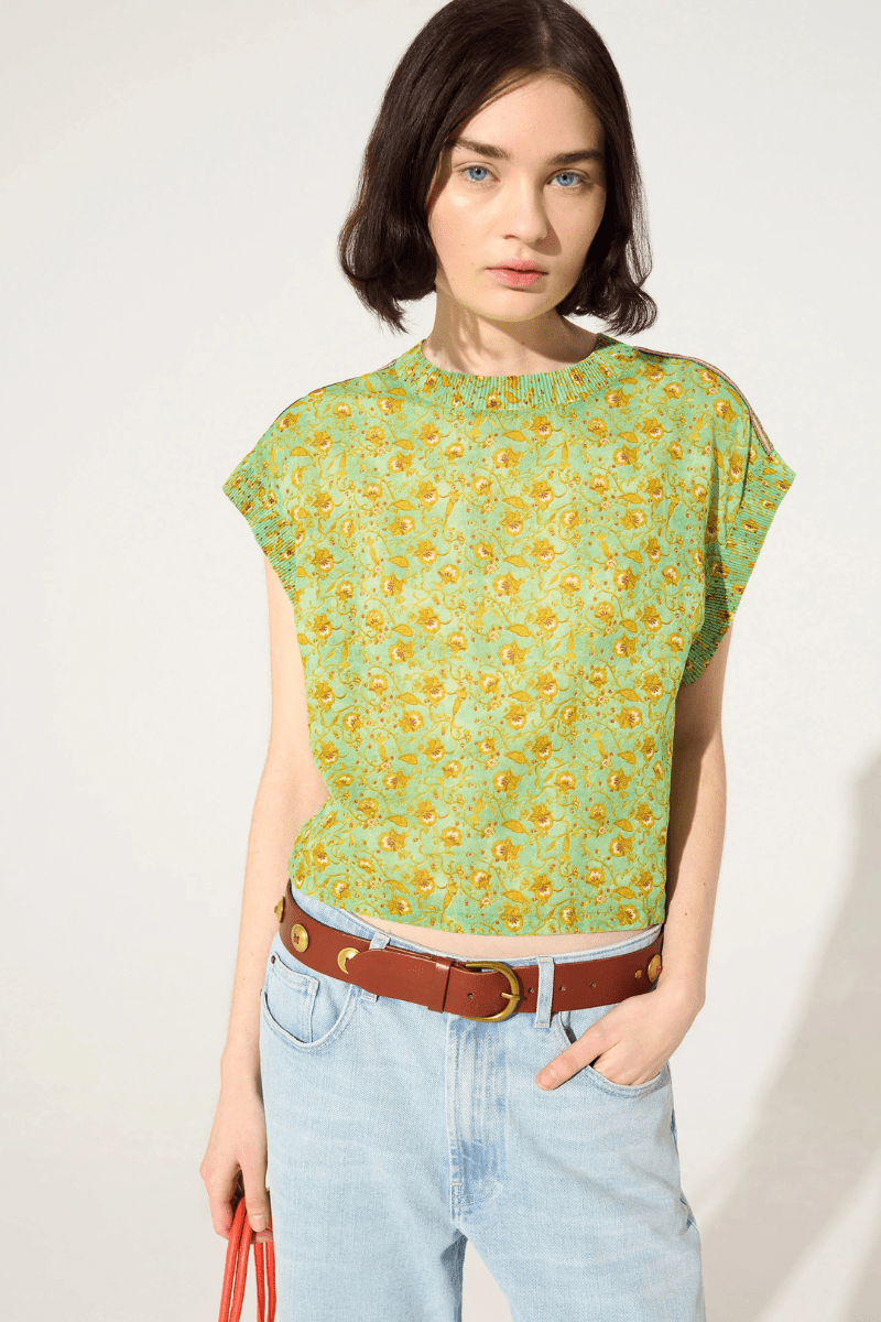 Shirts & Tops - Cotelac - Pleated Print Blouse in Green - Archery Close