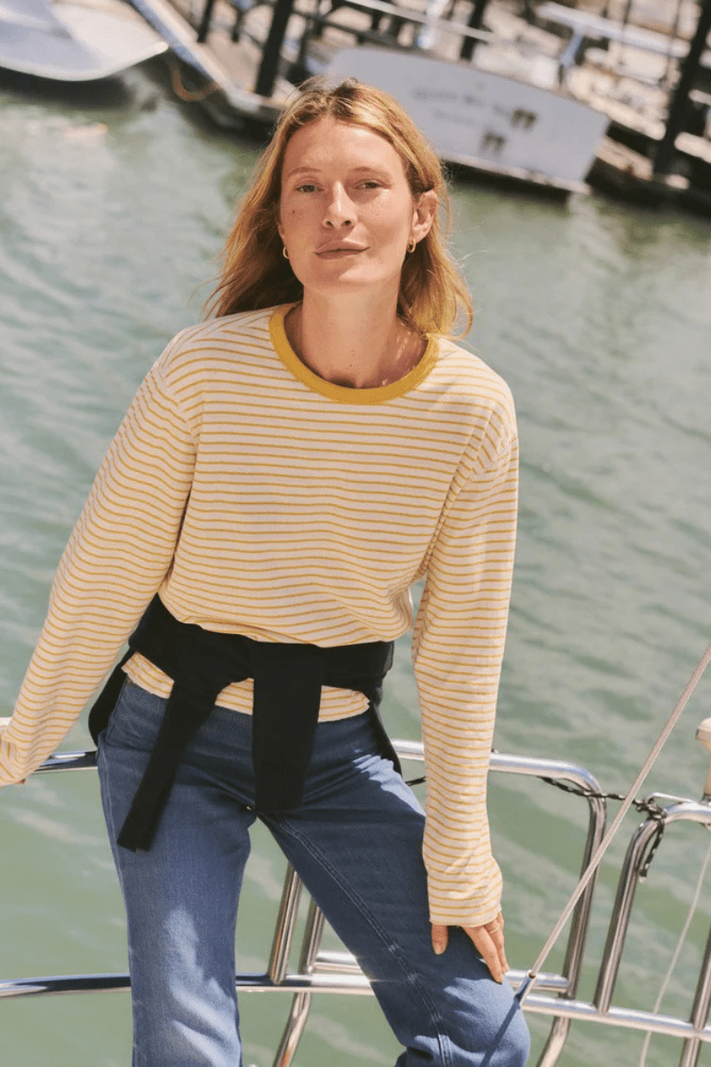 Shirts & Tops - Marine Layer - Poppy Double Knit Crewneck in Marigold Stripe - Archery Close