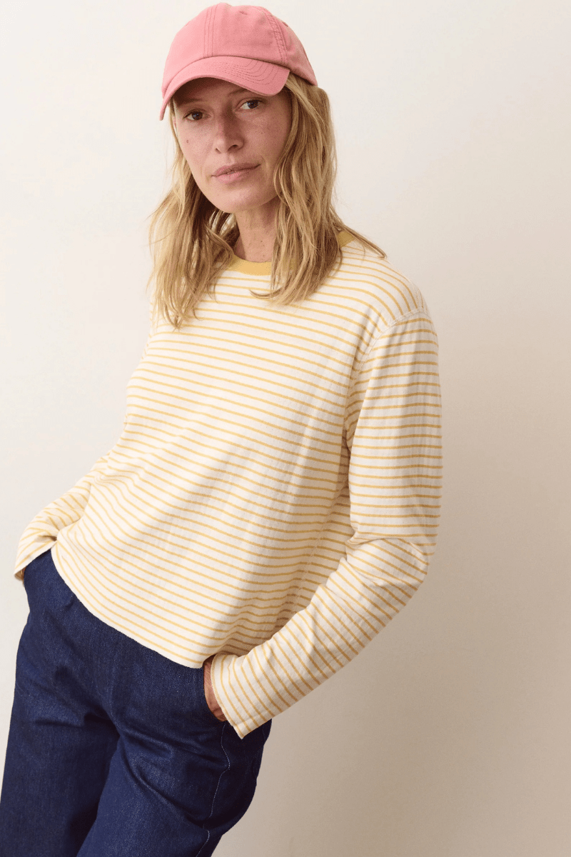 Shirts & Tops - Marine Layer - Poppy Double Knit Crewneck in Marigold Stripe - Archery Close