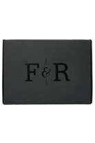 Black rectangular box with 'F&R' initials on a white background