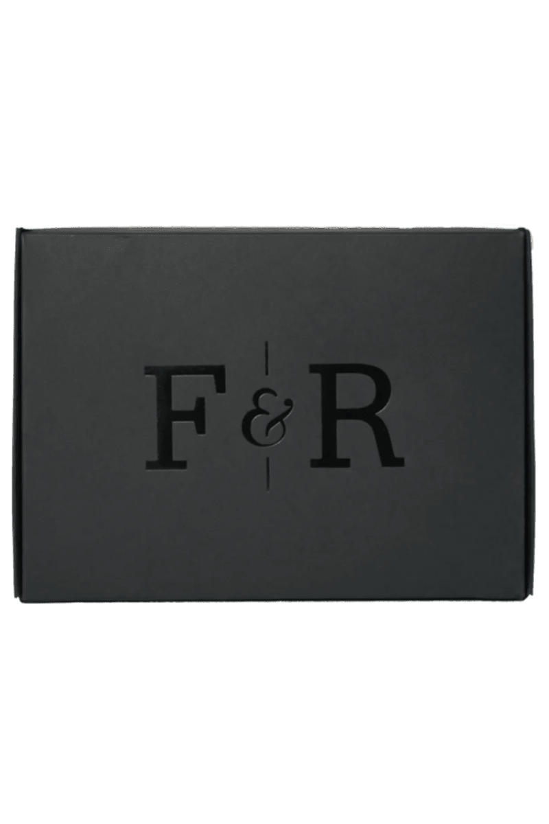 Black rectangular box with 'F&R' initials on a white background