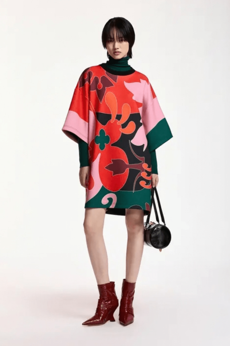 Dresses - Essentiel Antwerp - Red, pink & dark grey printed mini dress - Archery Close