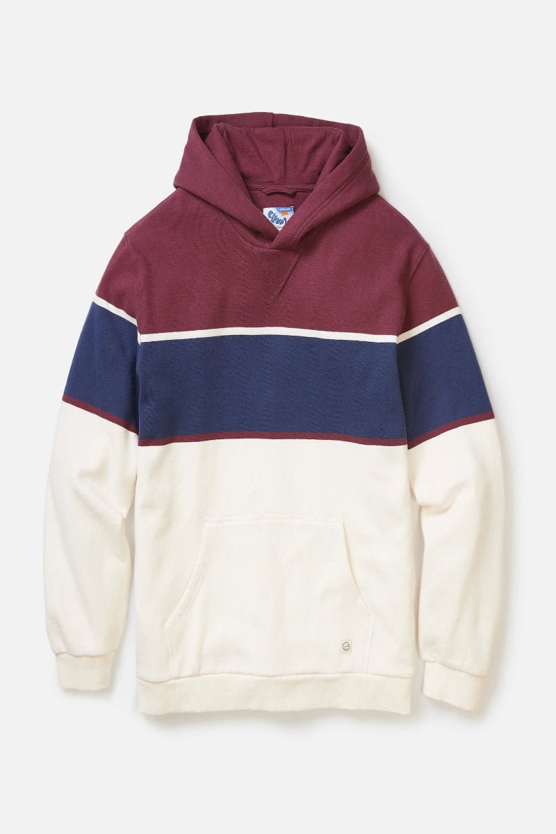 Color-blocked hoodie with maroon, navy, and cream sections on a white background