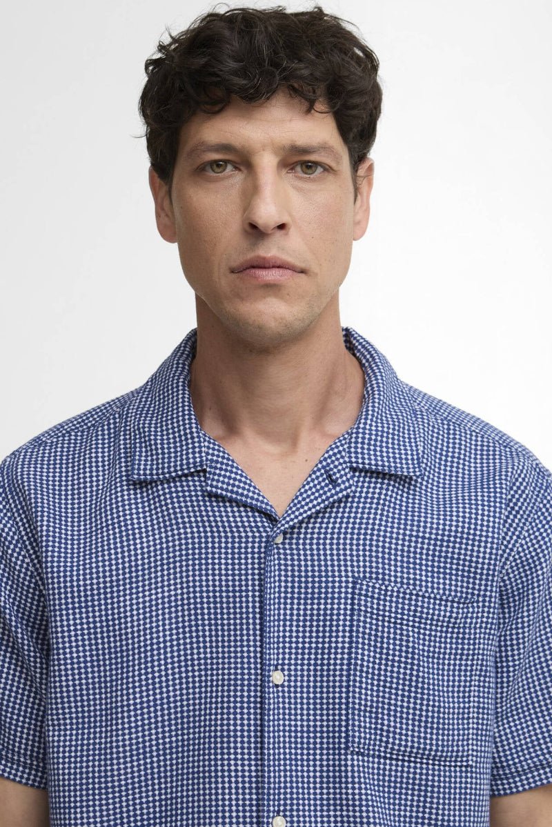 Man wearing a blue checkered shirt against a white background